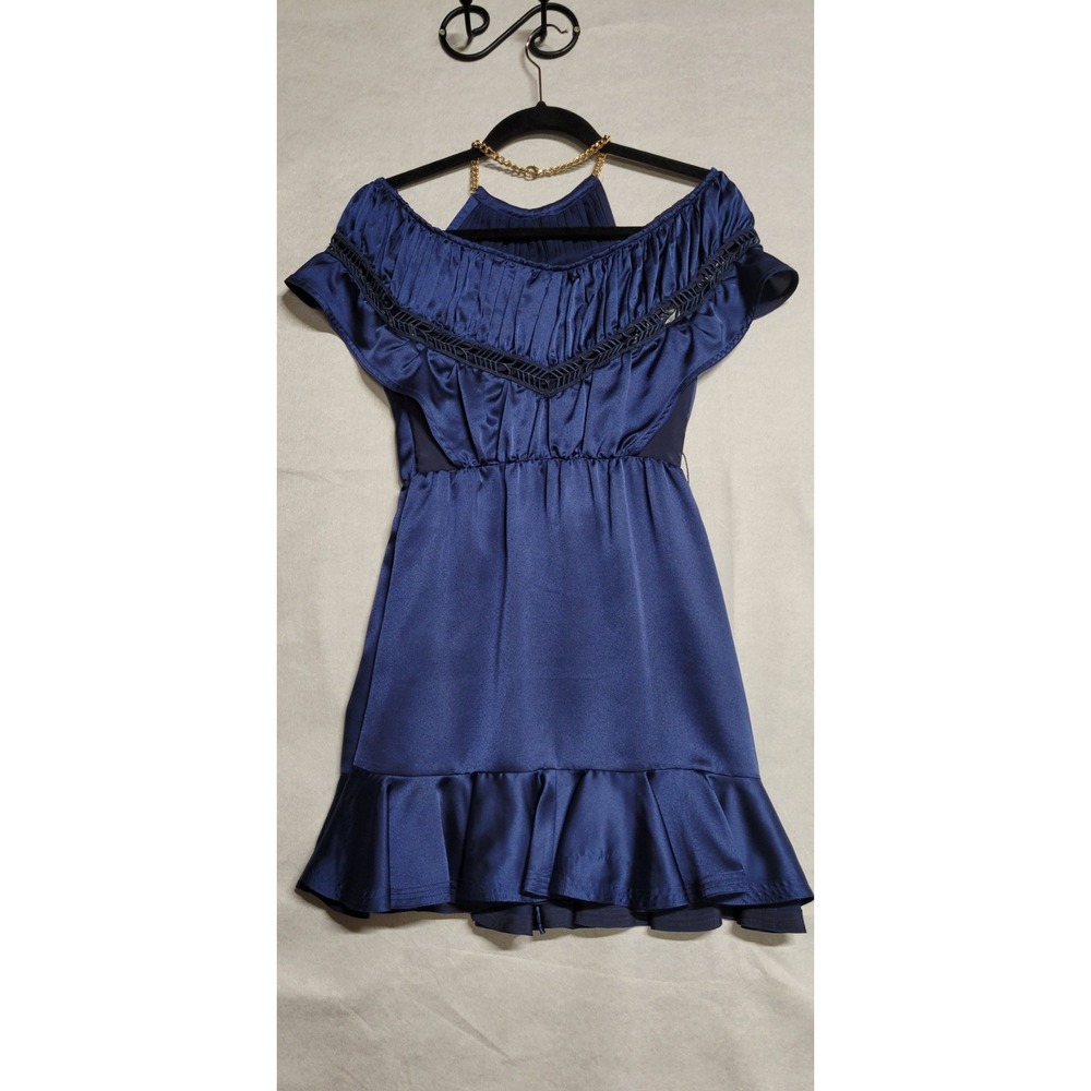 Navy W/Pleats Crochet Trim And Gold Chain Strap Ss Short Self-Potrait Dress Sz 0